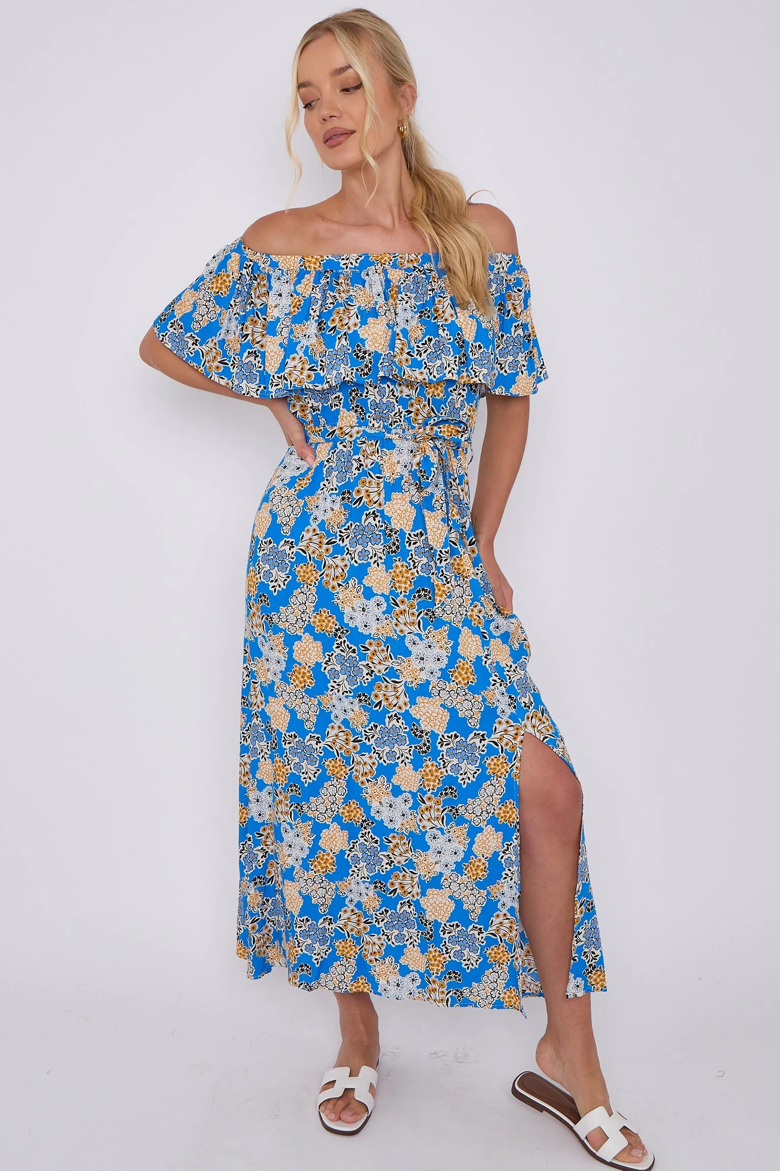 Blue Floral Print Bardot Maxi Dress by LOVE SUNSHINE sold by Goddiva