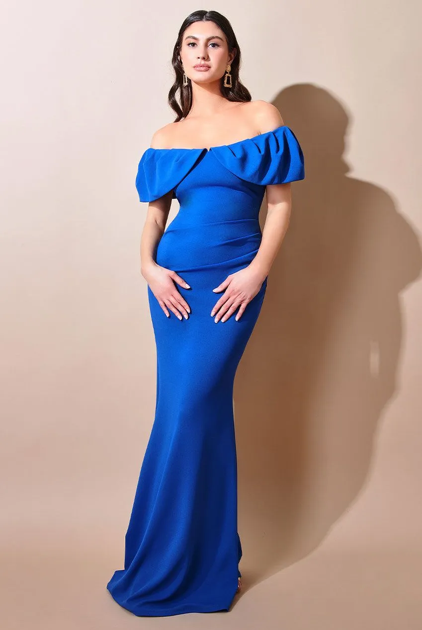 Scuba Crepe Pleated Bardot Maxi - Royalblue by Goddiva sold by Goddiva