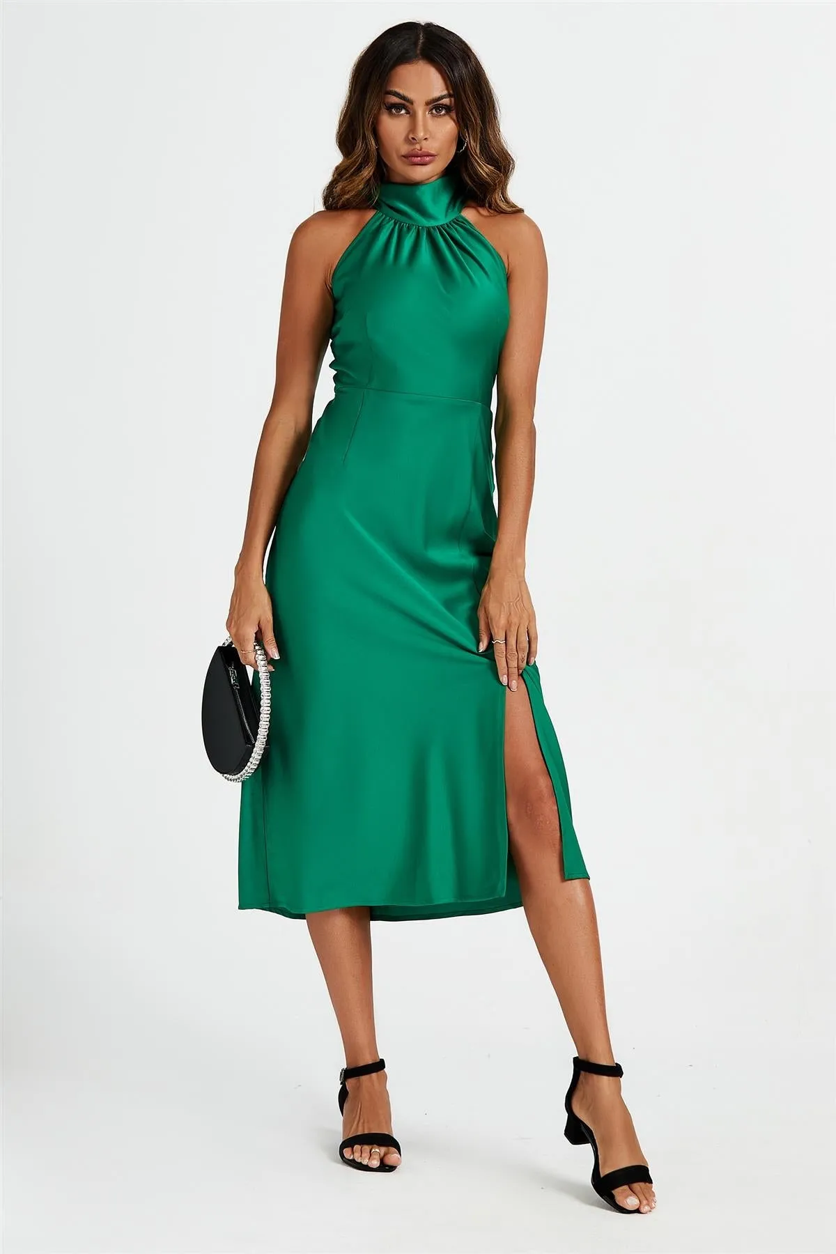 Satin Halter Neck Tie Back Midi Dress In Green by FS Collection sold by Goddiva product image thumbnail 5