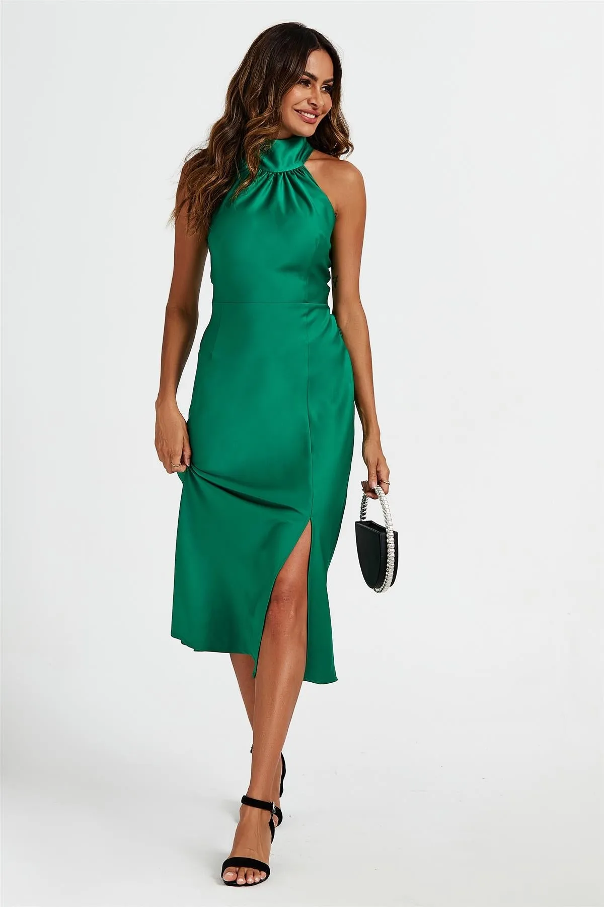 Satin Halter Neck Tie Back Midi Dress In Green by FS Collection sold by Goddiva product image thumbnail 2