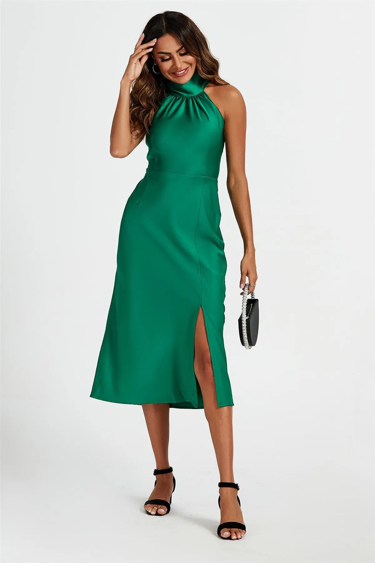 Satin Halter Neck Tie Back Midi Dress In Green by FS Collection sold by Goddiva product image thumbnail 3