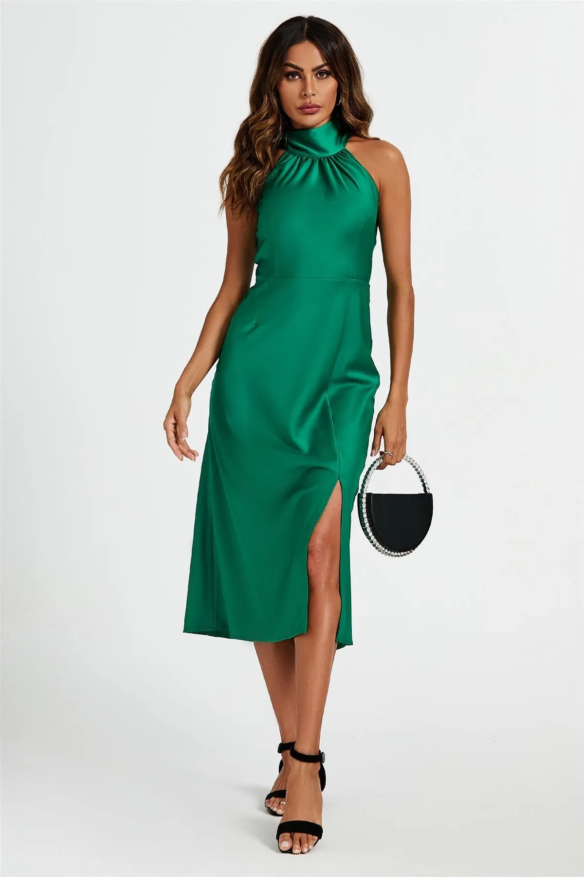 Satin Halter Neck Tie Back Midi Dress In Green by FS Collection sold by Goddiva