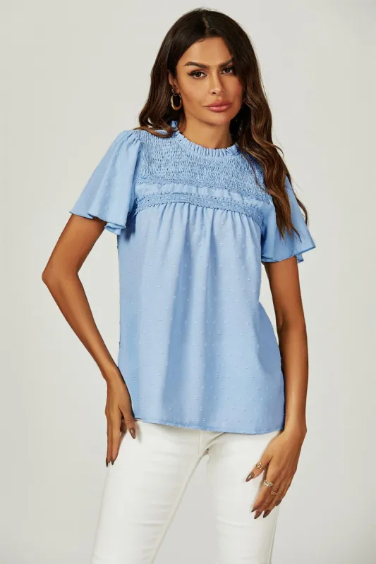 FS Collection Lace Detail Short Sleeve Blouse Top In Blue sold by Goddiva