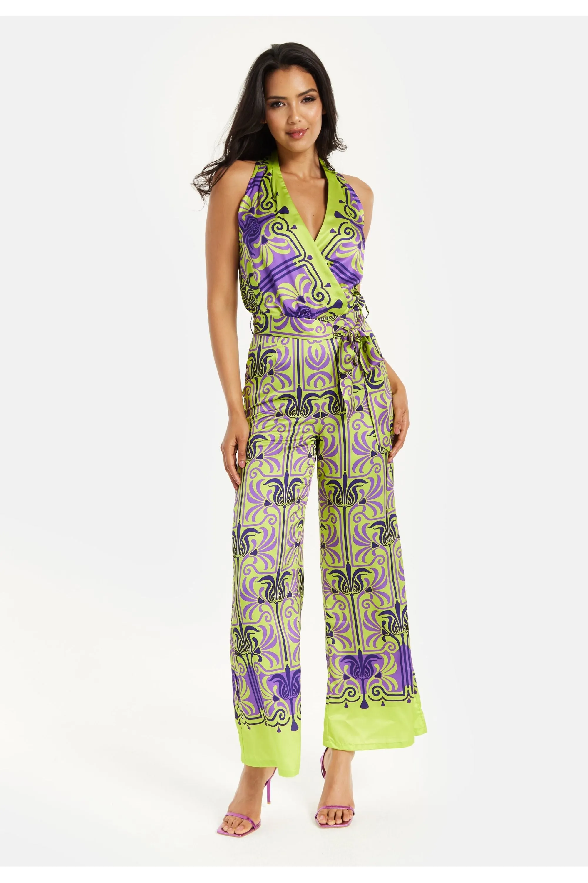 Printed Shawl Tie Neck Palazzo Jumpsuit by Liquorish sold by Goddiva product image thumbnail 3