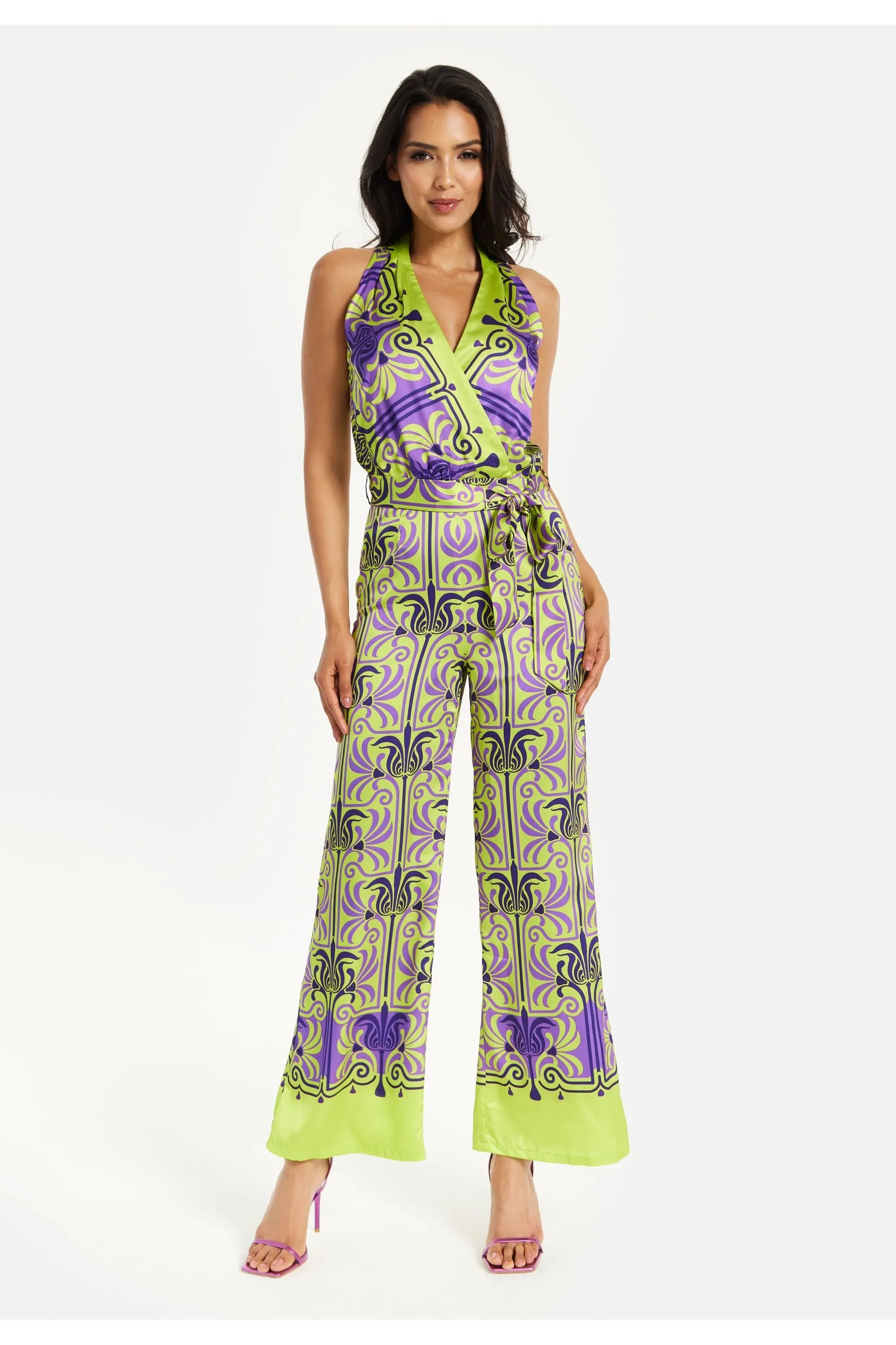 Printed Shawl Tie Neck Palazzo Jumpsuit by Liquorish sold by Goddiva product image thumbnail 2