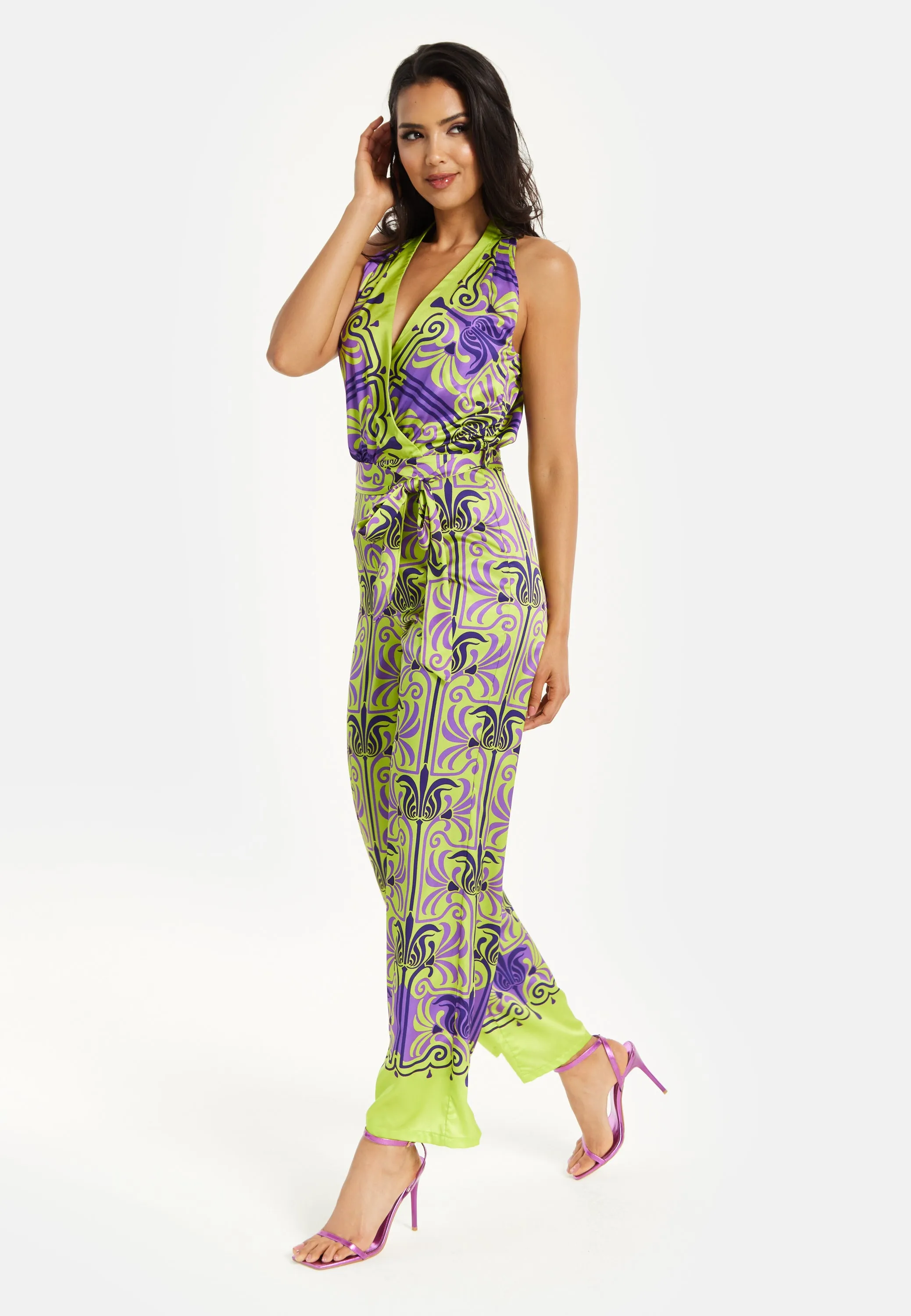 Printed Shawl Tie Neck Palazzo Jumpsuit by Liquorish sold by Goddiva product image thumbnail 5