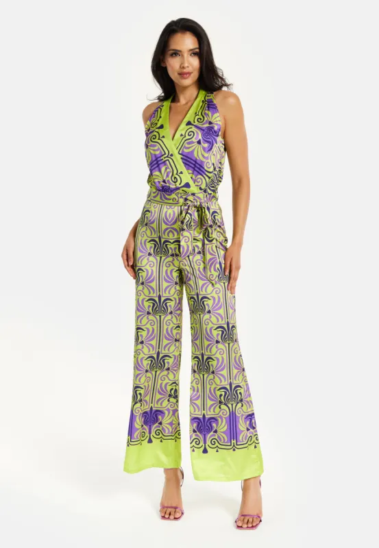 Printed Shawl Tie Neck Palazzo Jumpsuit by Liquorish sold by Goddiva