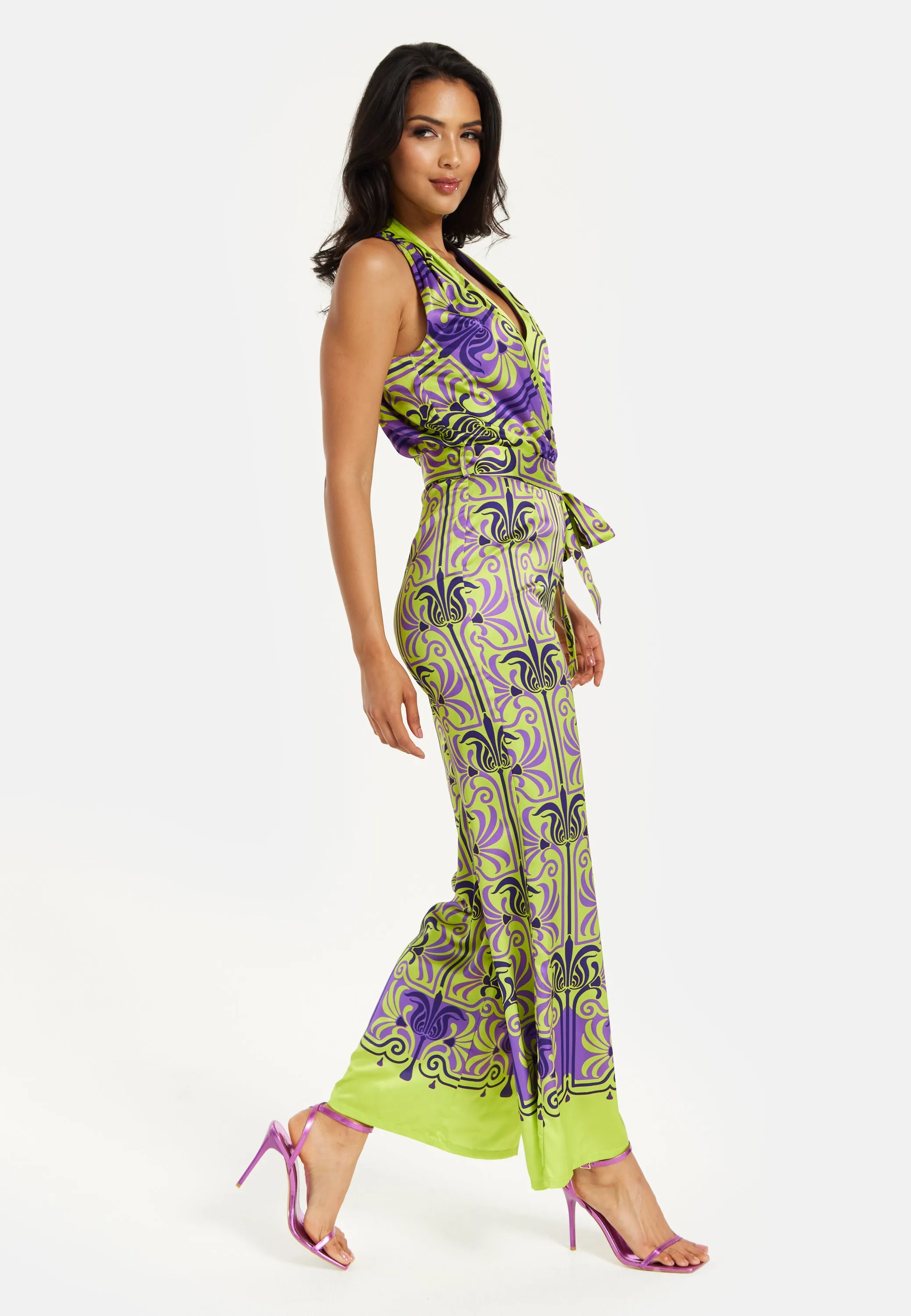 Printed Shawl Tie Neck Palazzo Jumpsuit by Liquorish sold by Goddiva product image thumbnail 4