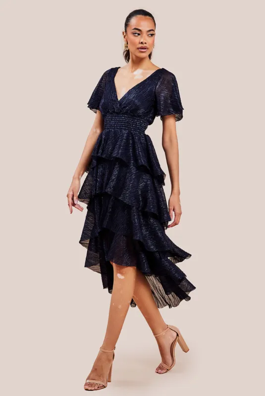 Crinkle Lurex High Low Layered Midi Dress - Navy by Goddiva sold by Goddiva