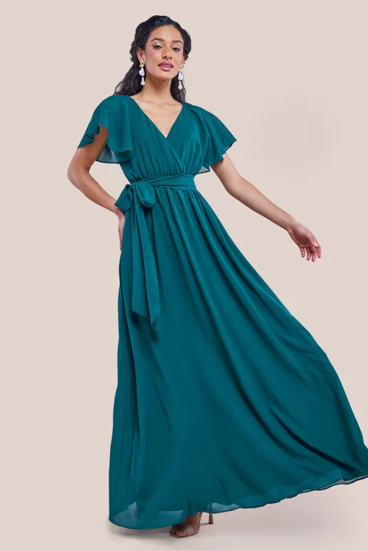 Sustainable Chiffon Flutter Sleeve Wrap Maxi Dress - Green by Goddiva sold by Goddiva