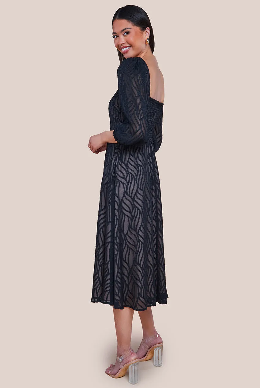 Puff Sleeve Side Slit Flared Jacquard Chiffon Midi Dress - Black by Goddiva sold by Goddiva product image thumbnail 2