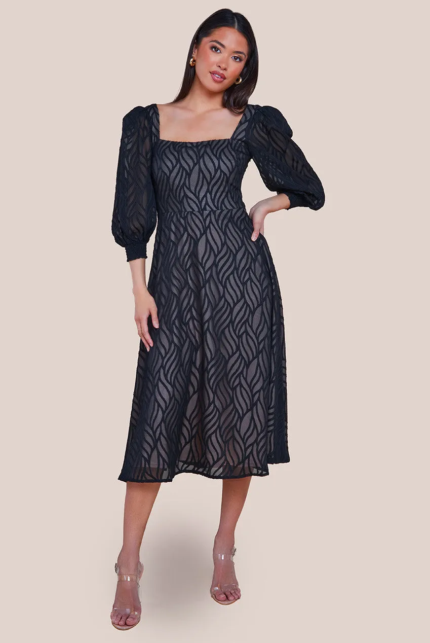 Puff Sleeve Side Slit Flared Jacquard Chiffon Midi Dress - Black by Goddiva sold by Goddiva