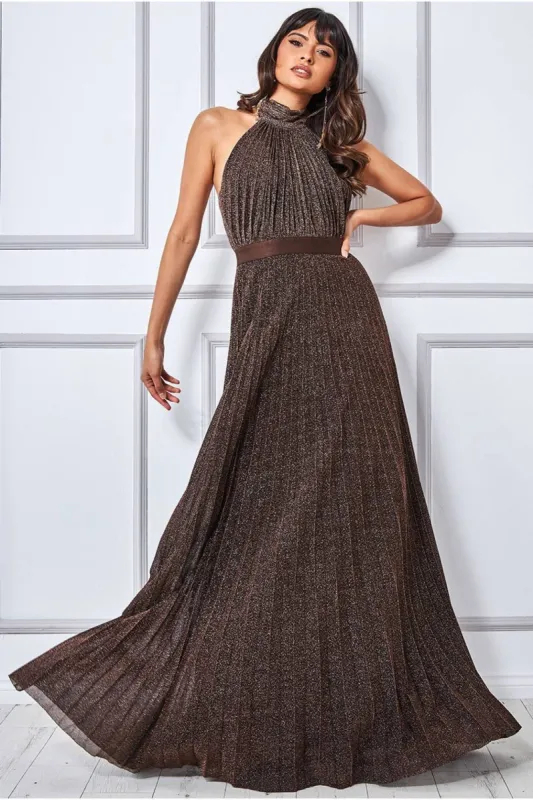 Exclusive Lurex Halterneck Pleated Maxi - Bronze by Goddiva sold by Goddiva