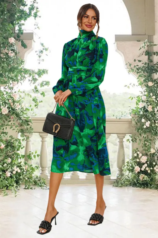 Abstract Floral Print Long Sleeve Midi Dress In Green by FS Collection sold by Goddiva