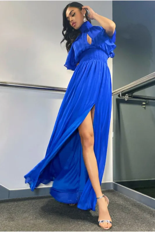 Keyhole High Neck Flutter Sleeve Maxi - Royal Blue by Goddiva sold by Goddiva
