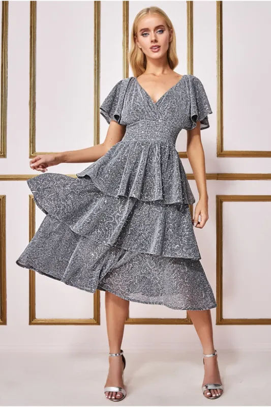 Sequin Lurex Tiered Midi Dress - Silver by Goddiva sold by Goddiva