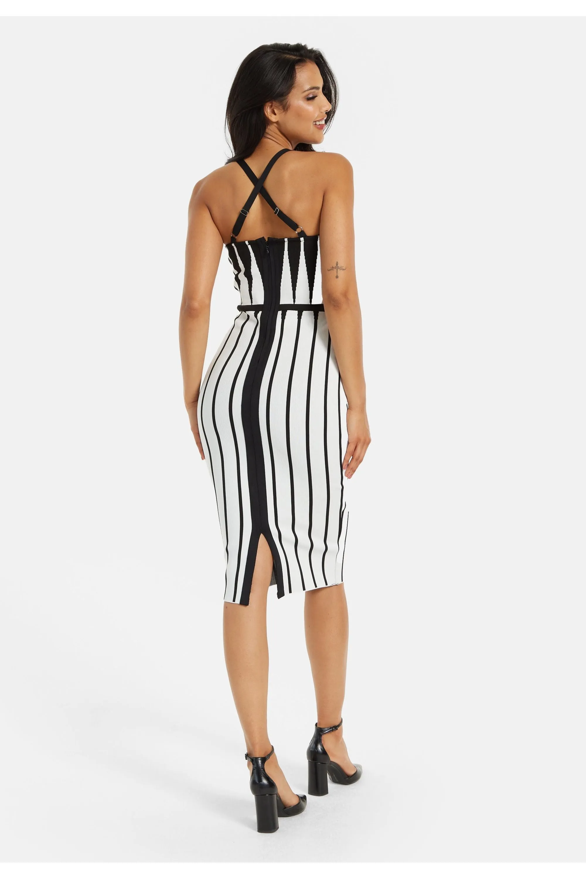 Vertical Black And White Striped Knitted Midi Dress by Liquorish sold by Goddiva product image thumbnail 4