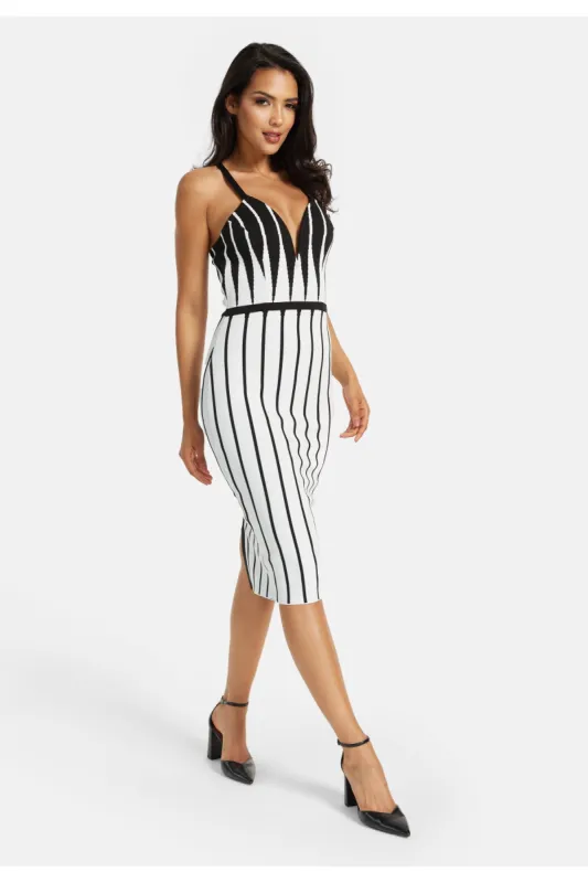 Vertical Black And White Striped Knitted Midi Dress by Liquorish sold by Goddiva