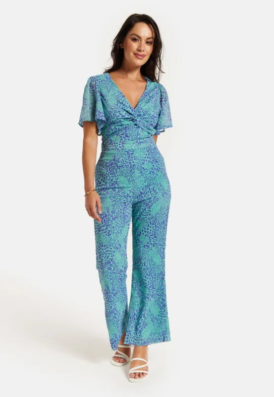Liquorish Blue Animal Print Knot Front Jumpsuit sold by Goddiva