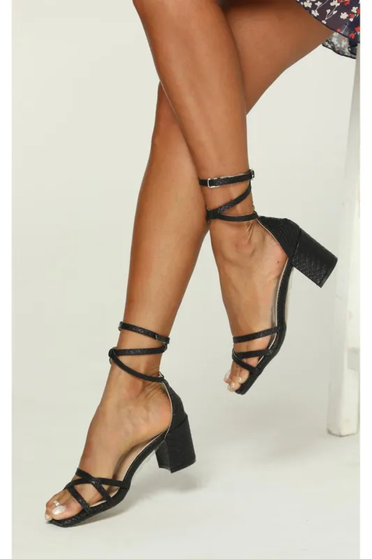 FS Collection Strappy Block Heel Sandal With Up Straps In Black sold by Goddiva