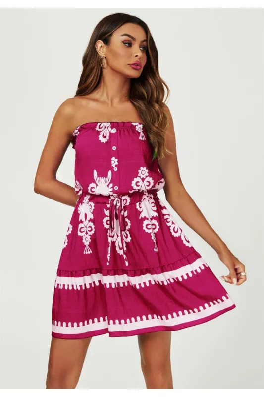 FS Collection Printed Broderie Strapless Mini Dress In Fuchsia sold by Goddiva