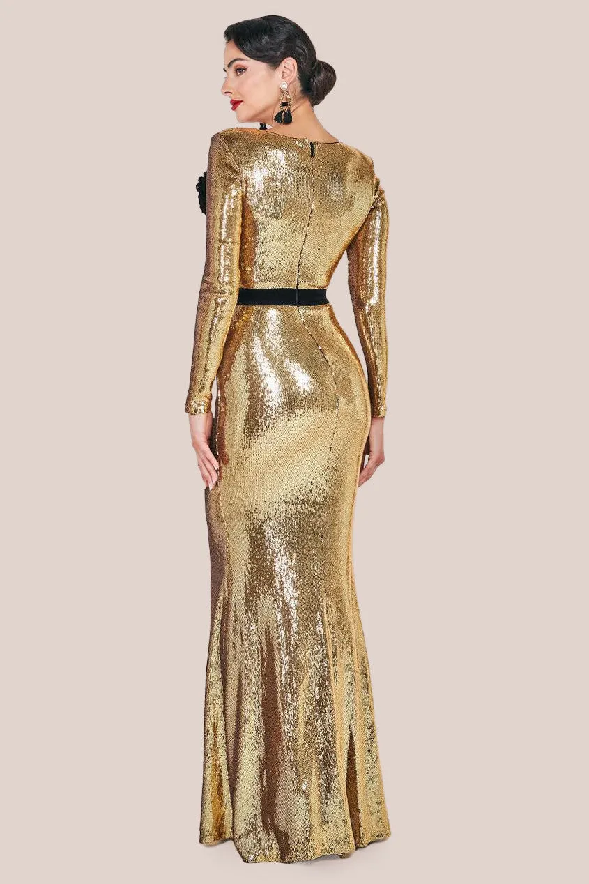 Liquid Sequin Corsage Maxi Dress - Gold by Goddiva sold by Goddiva product image thumbnail 2