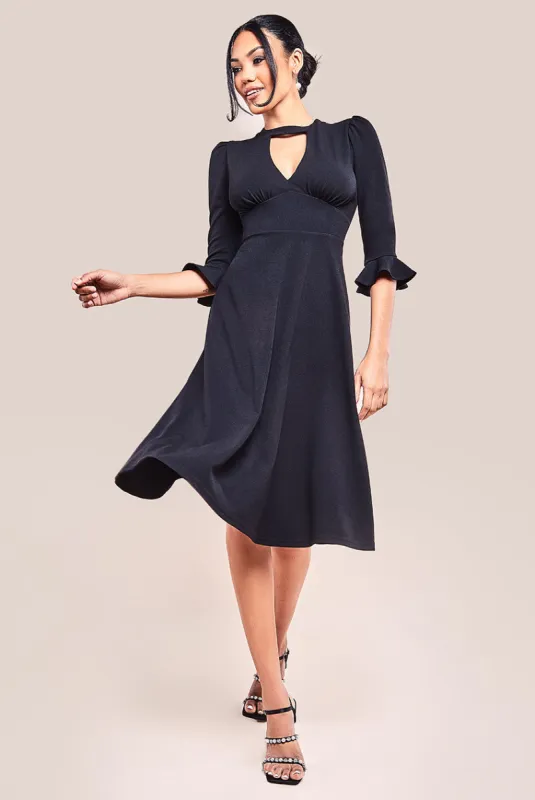 Flared Sleeve Midi Dress - Black by Goddiva sold by Goddiva