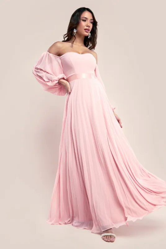 Bardot Chiffon Pleated Maxi - Blush by Goddiva sold by Goddiva