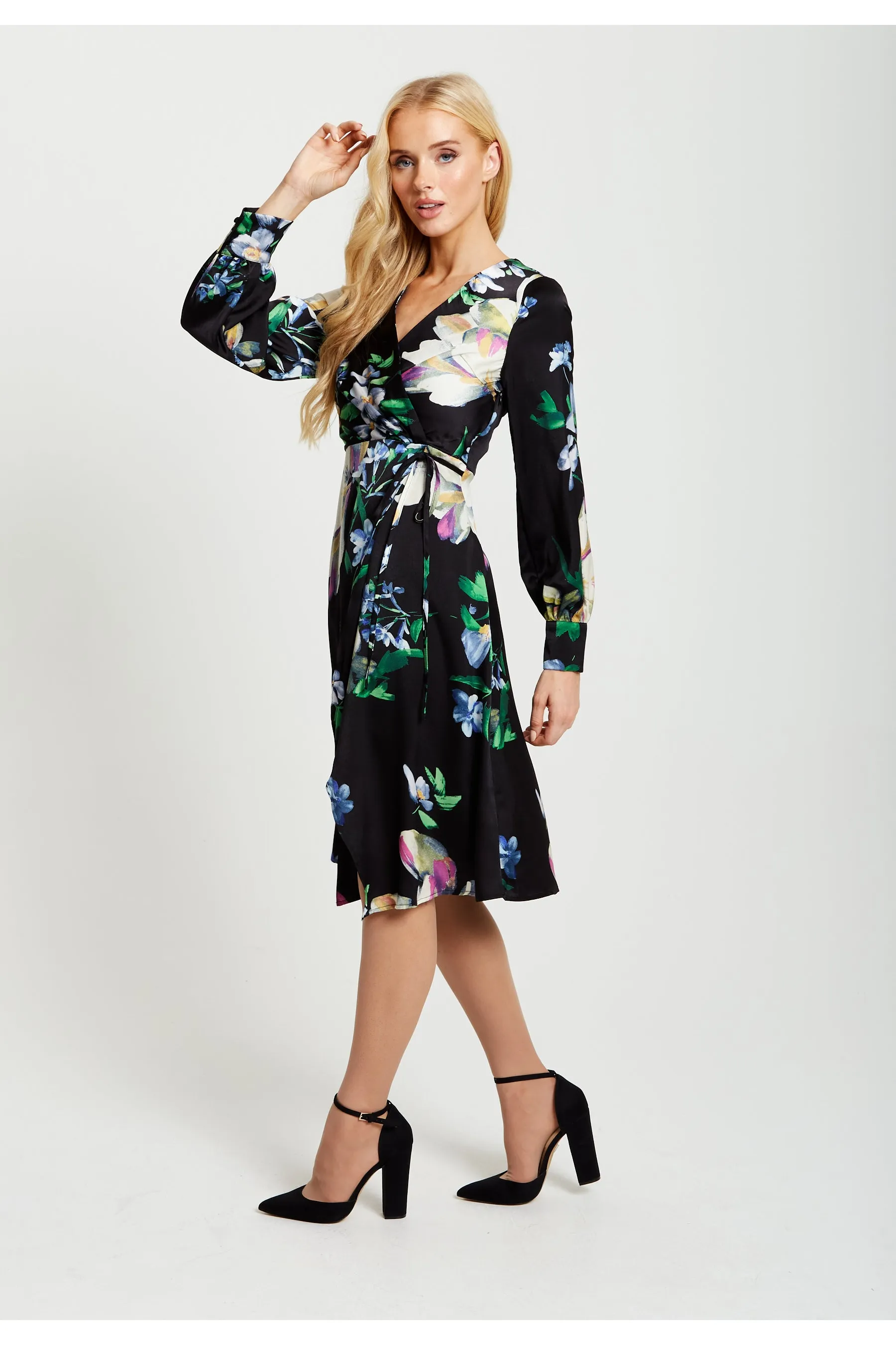 Elegant Floral Print Midi Wrap Dress In Black by Liquorish sold by Goddiva product image thumbnail 2