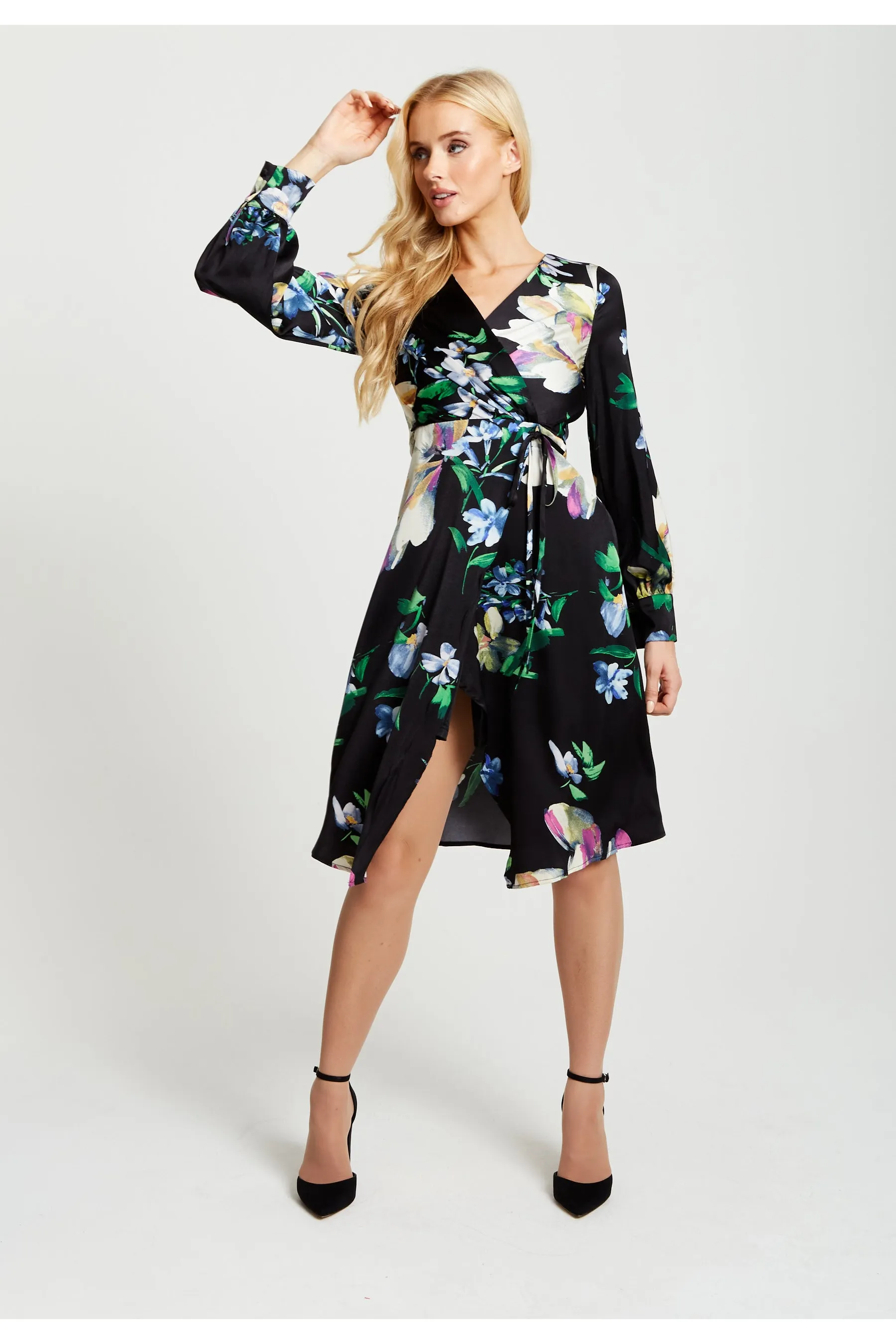 Elegant Floral Print Midi Wrap Dress In Black by Liquorish sold by Goddiva