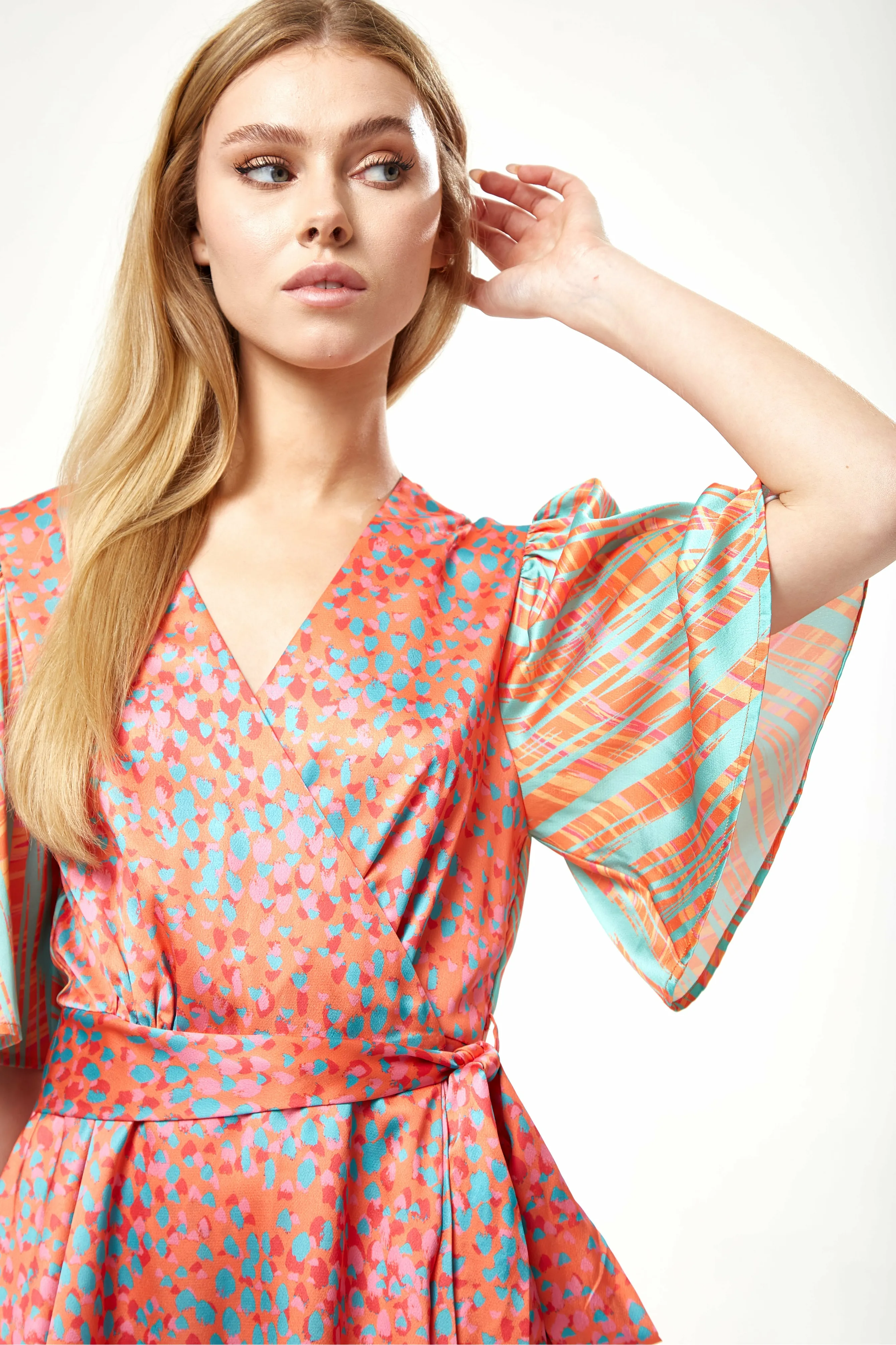 Liquorish Orange Printed Mini Wrap Dress With Kimono Sleeve sold by Goddiva product image thumbnail 4
