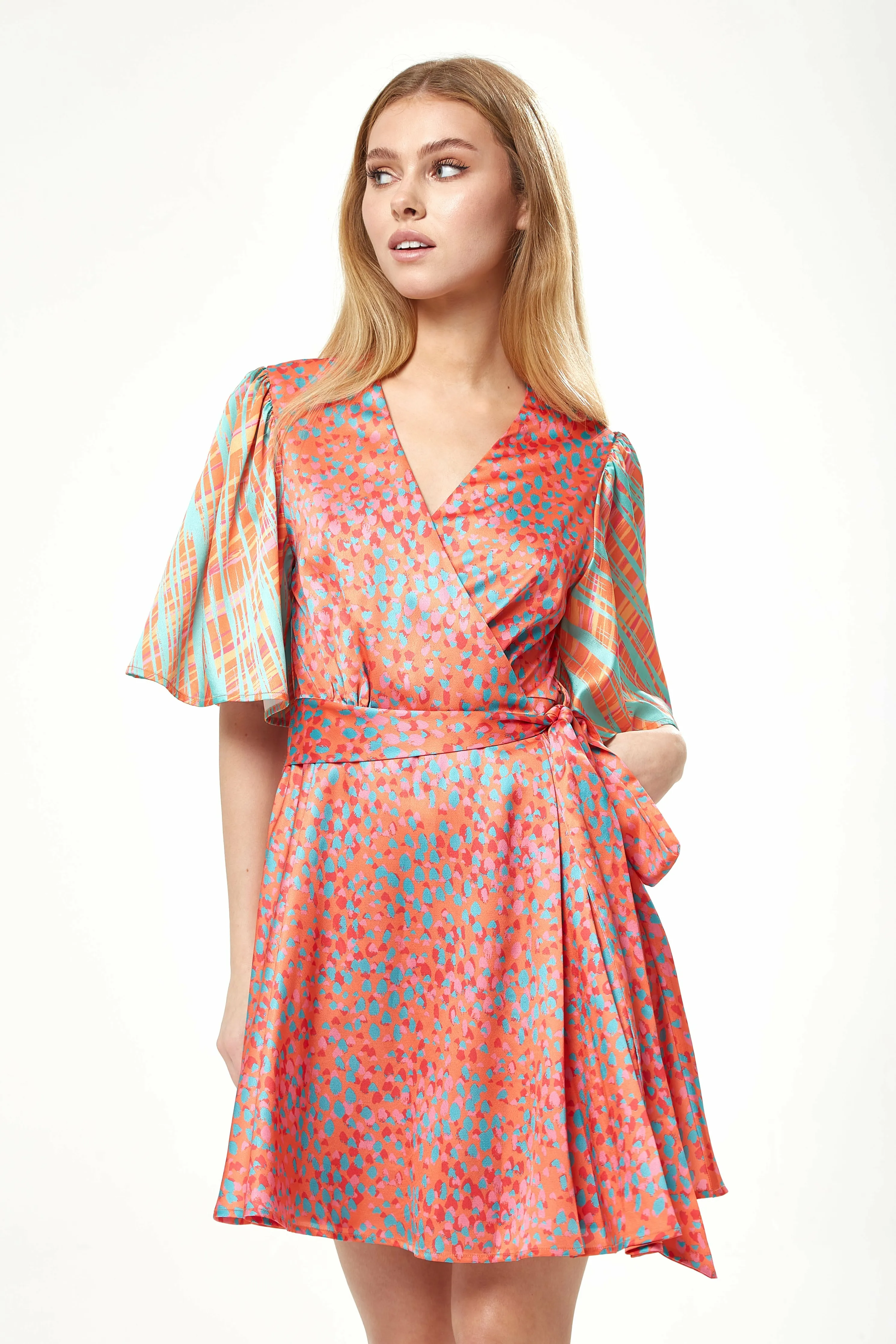 Liquorish Orange Printed Mini Wrap Dress With Kimono Sleeve sold by Goddiva