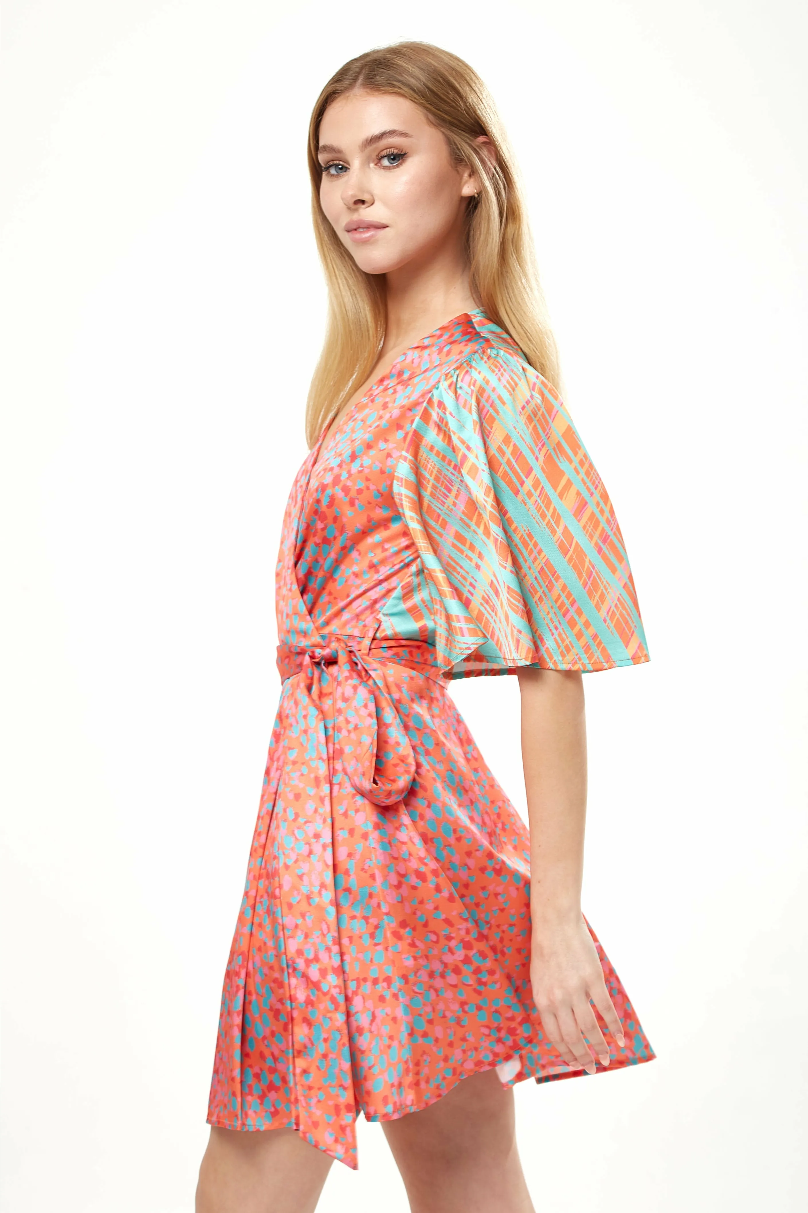 Liquorish Orange Printed Mini Wrap Dress With Kimono Sleeve sold by Goddiva product image thumbnail 2