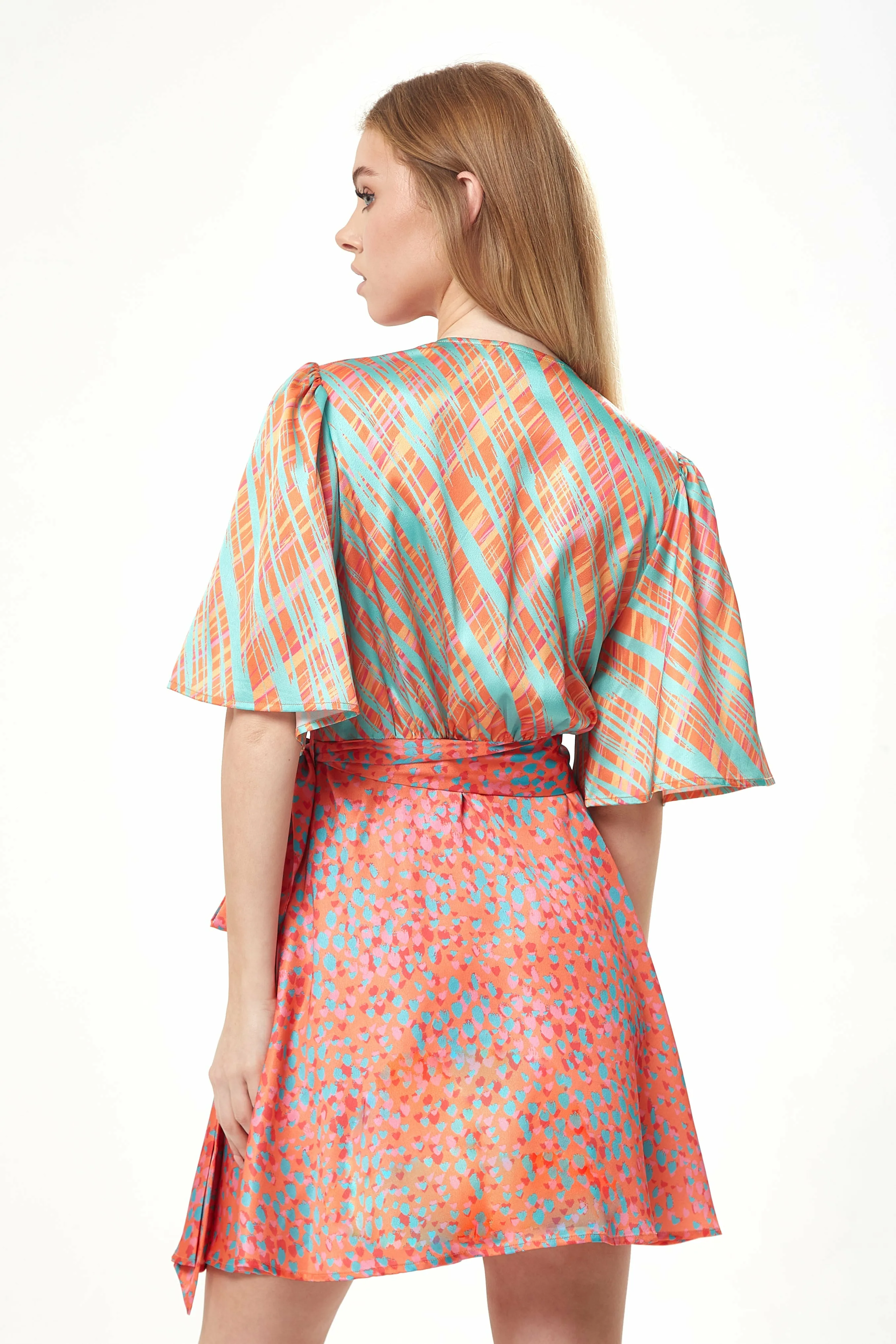 Liquorish Orange Printed Mini Wrap Dress With Kimono Sleeve sold by Goddiva product image thumbnail 3
