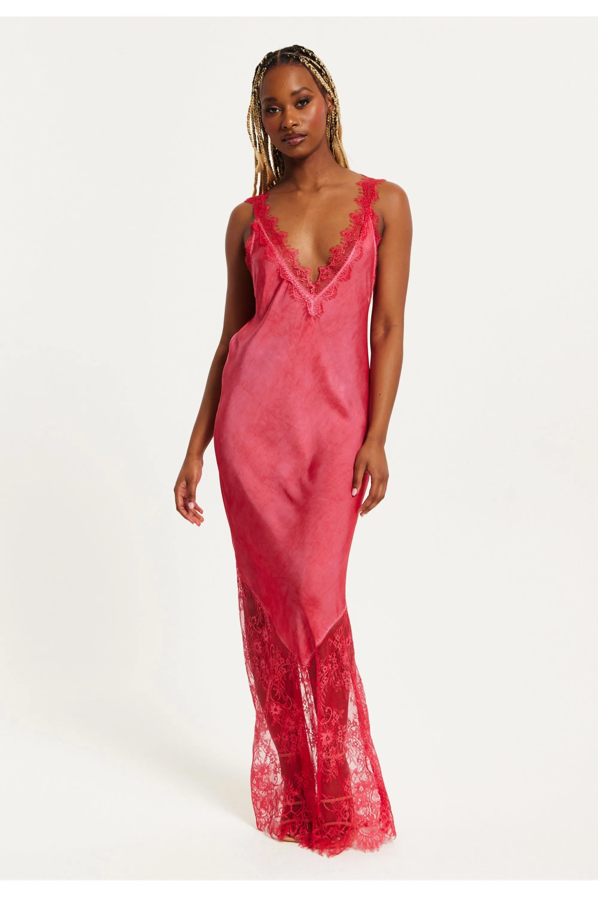 Liquorish Lace Detailed V Neck Maxi Dress In Red sold by Goddiva