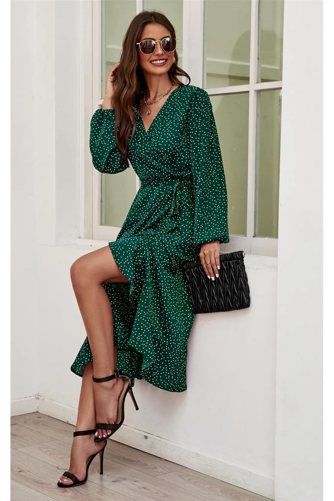 FS Collection Long Sleeve Wrap Midi Dress In Green sold by Goddiva product image thumbnail 5