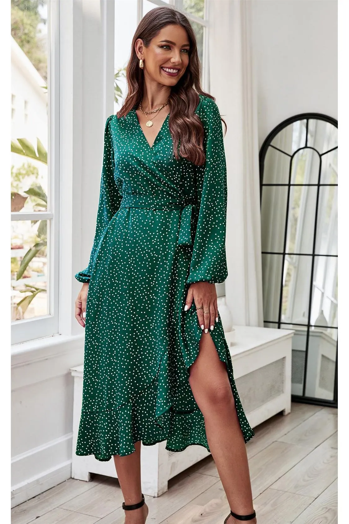 FS Collection Long Sleeve Wrap Midi Dress In Green sold by Goddiva product image thumbnail 2
