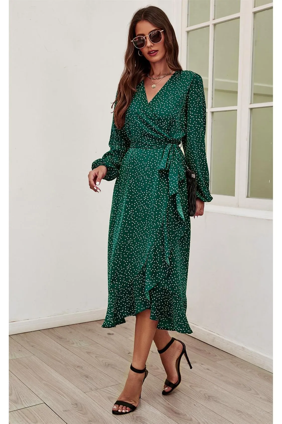FS Collection Long Sleeve Wrap Midi Dress In Green sold by Goddiva product image thumbnail 3