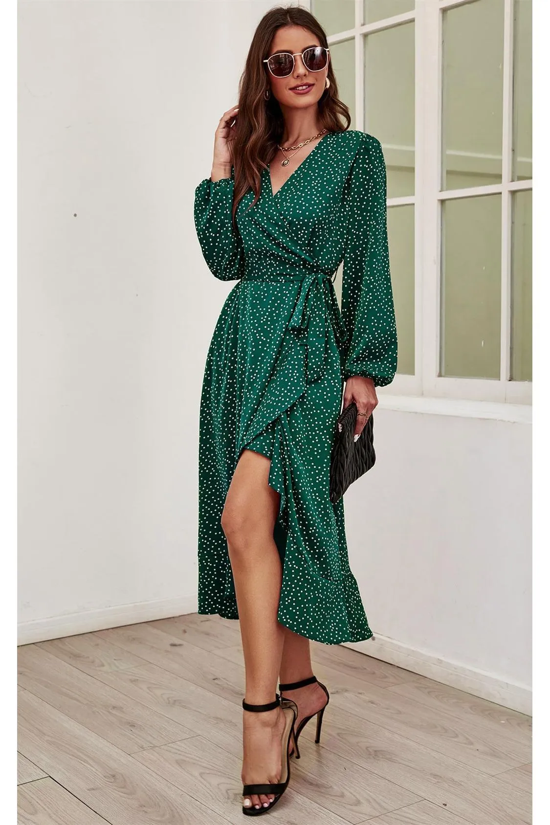 FS Collection Long Sleeve Wrap Midi Dress In Green sold by Goddiva product image thumbnail 4