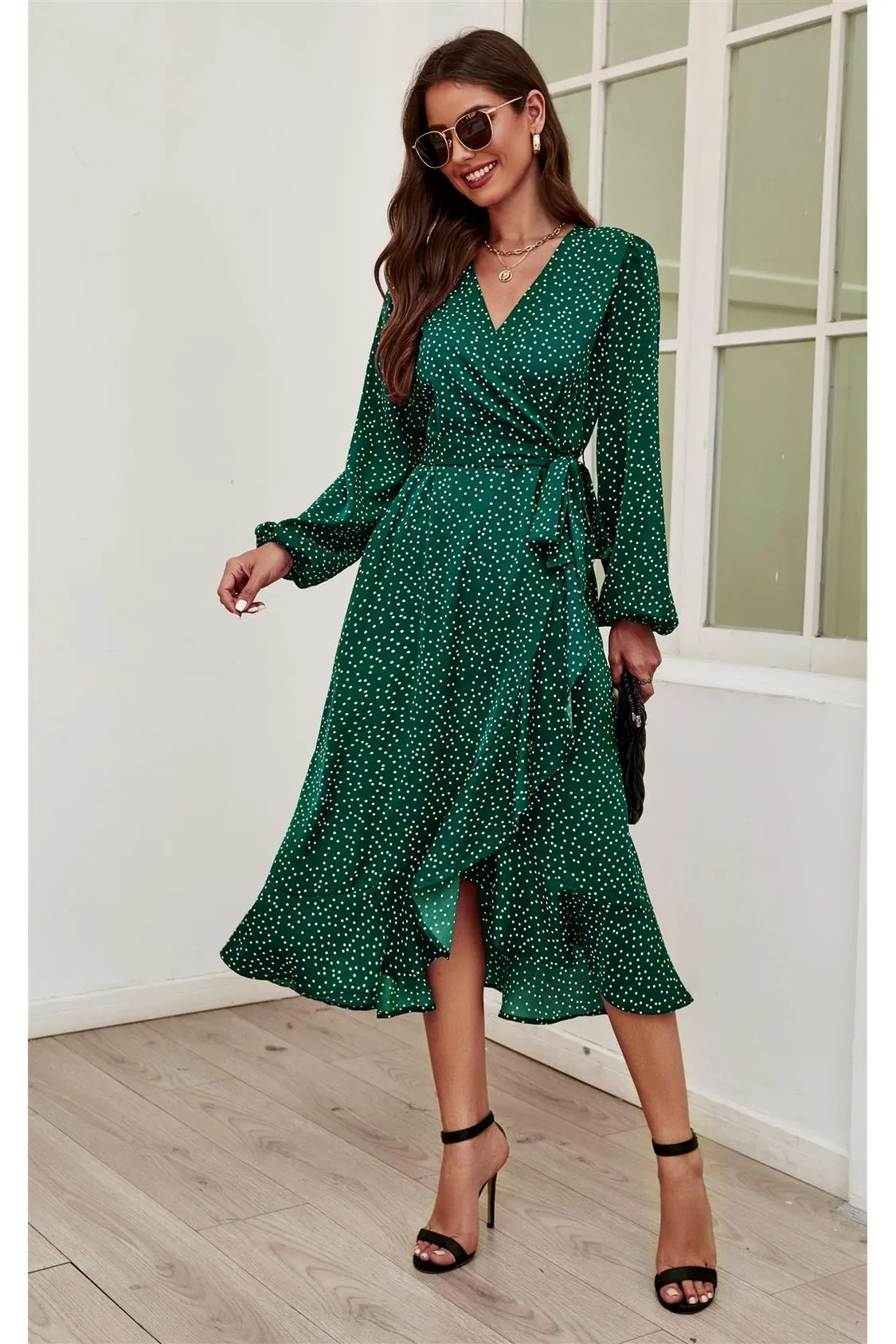 FS Collection Long Sleeve Wrap Midi Dress In Green sold by Goddiva