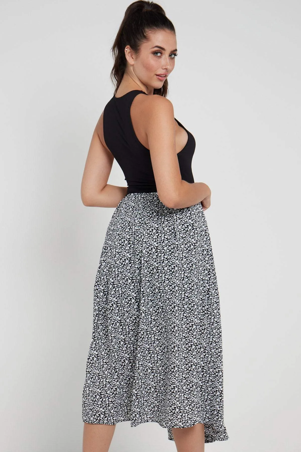 LOVE SUNSHINE Black Ditsy Printed Side Slit Pleated Midi Skirt sold by Goddiva product image thumbnail 5