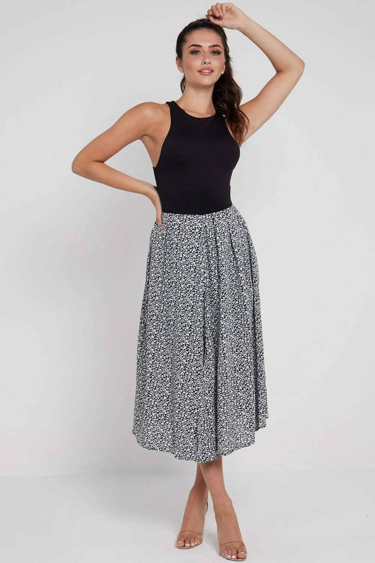 LOVE SUNSHINE Black Ditsy Printed Side Slit Pleated Midi Skirt sold by Goddiva product image thumbnail 2