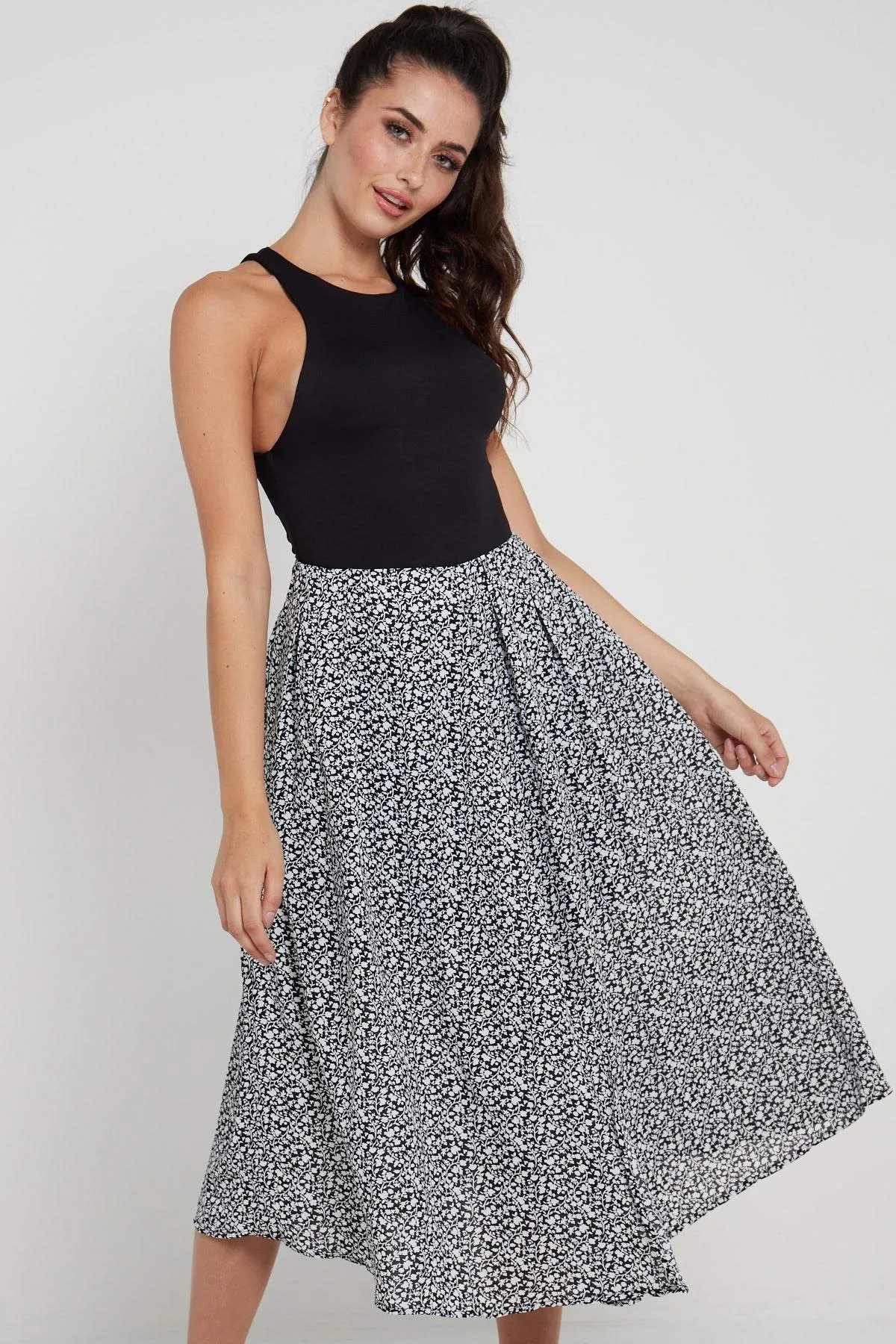 LOVE SUNSHINE Black Ditsy Printed Side Slit Pleated Midi Skirt sold by Goddiva product image thumbnail 3