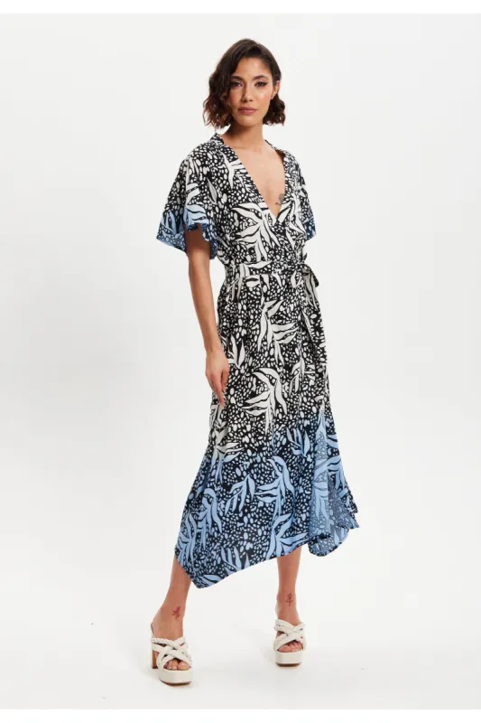 Liquorish Tropical Printed Blue Dip Dye Wrap Dress sold by Goddiva