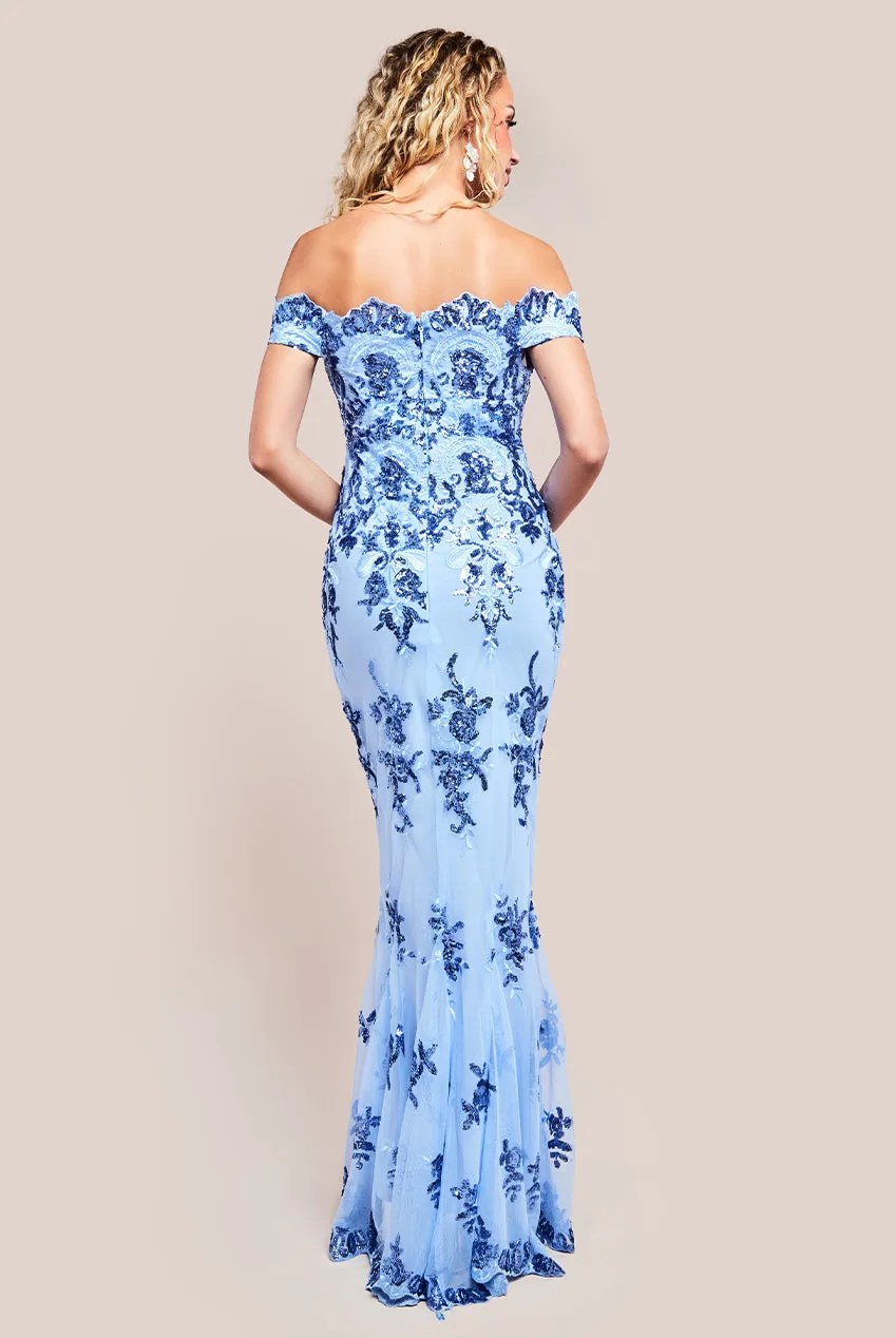 Goddiva Bardot Sequin Embroidered Maxi Dress - Powder Blue sold by Goddiva product image thumbnail 2