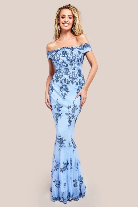 Goddiva Bardot Sequin Embroidered Maxi Dress - Powder Blue sold by Goddiva