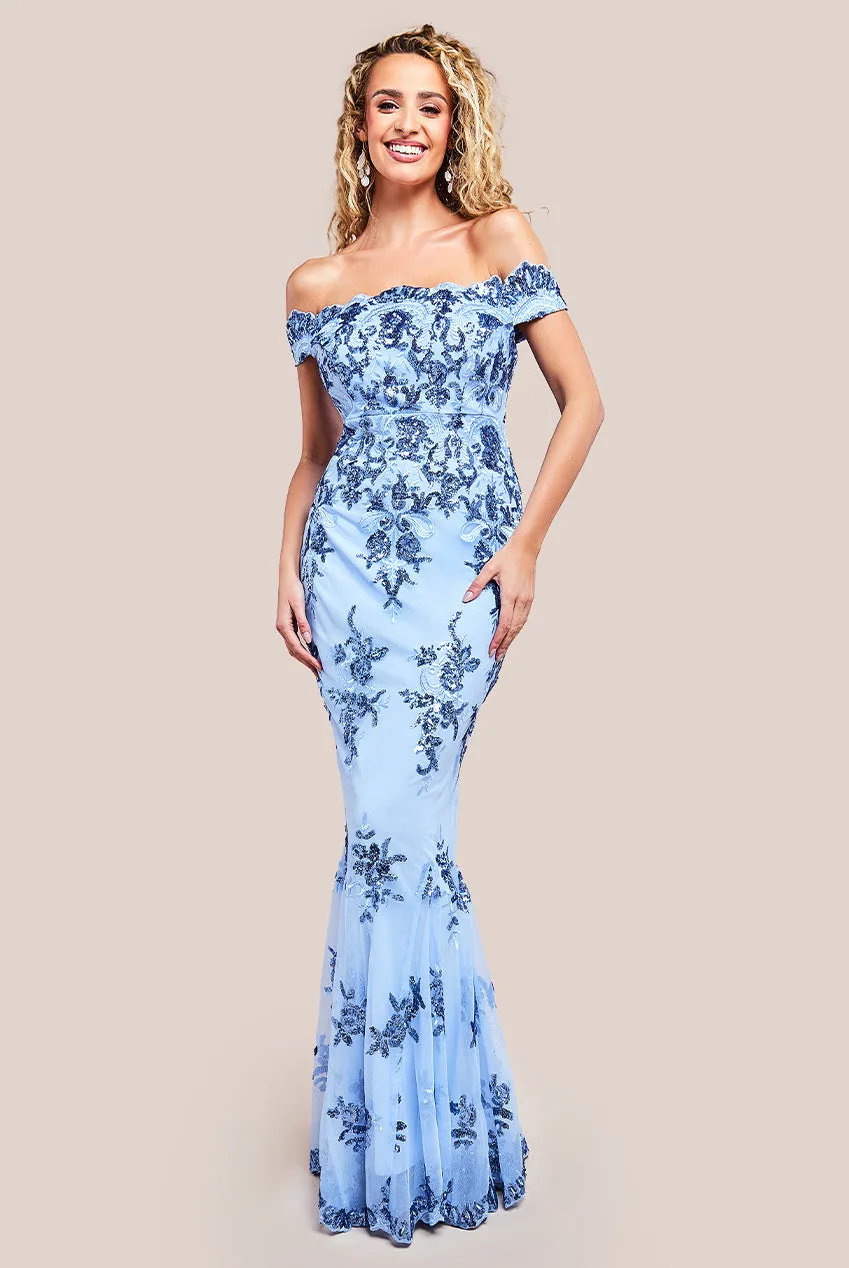Goddiva Bardot Sequin Embroidered Maxi Dress - Powder Blue sold by Goddiva
