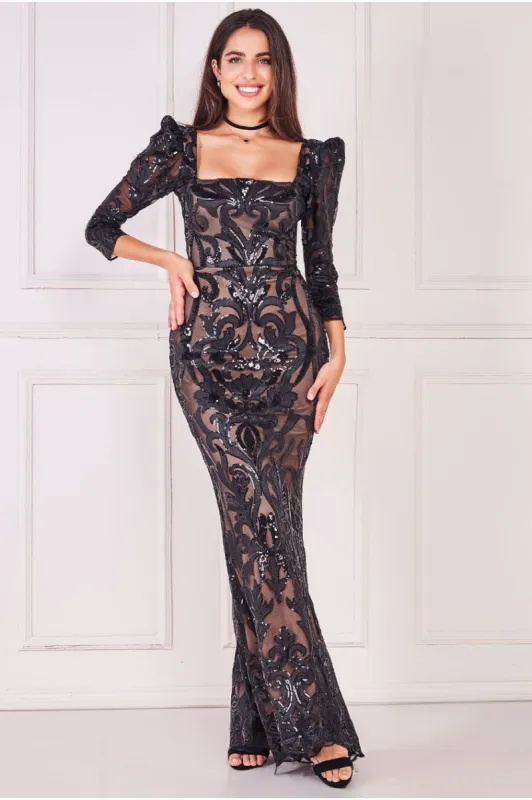 Square Neck Scalloped Lace Maxi - Black by Goddiva sold by Goddiva