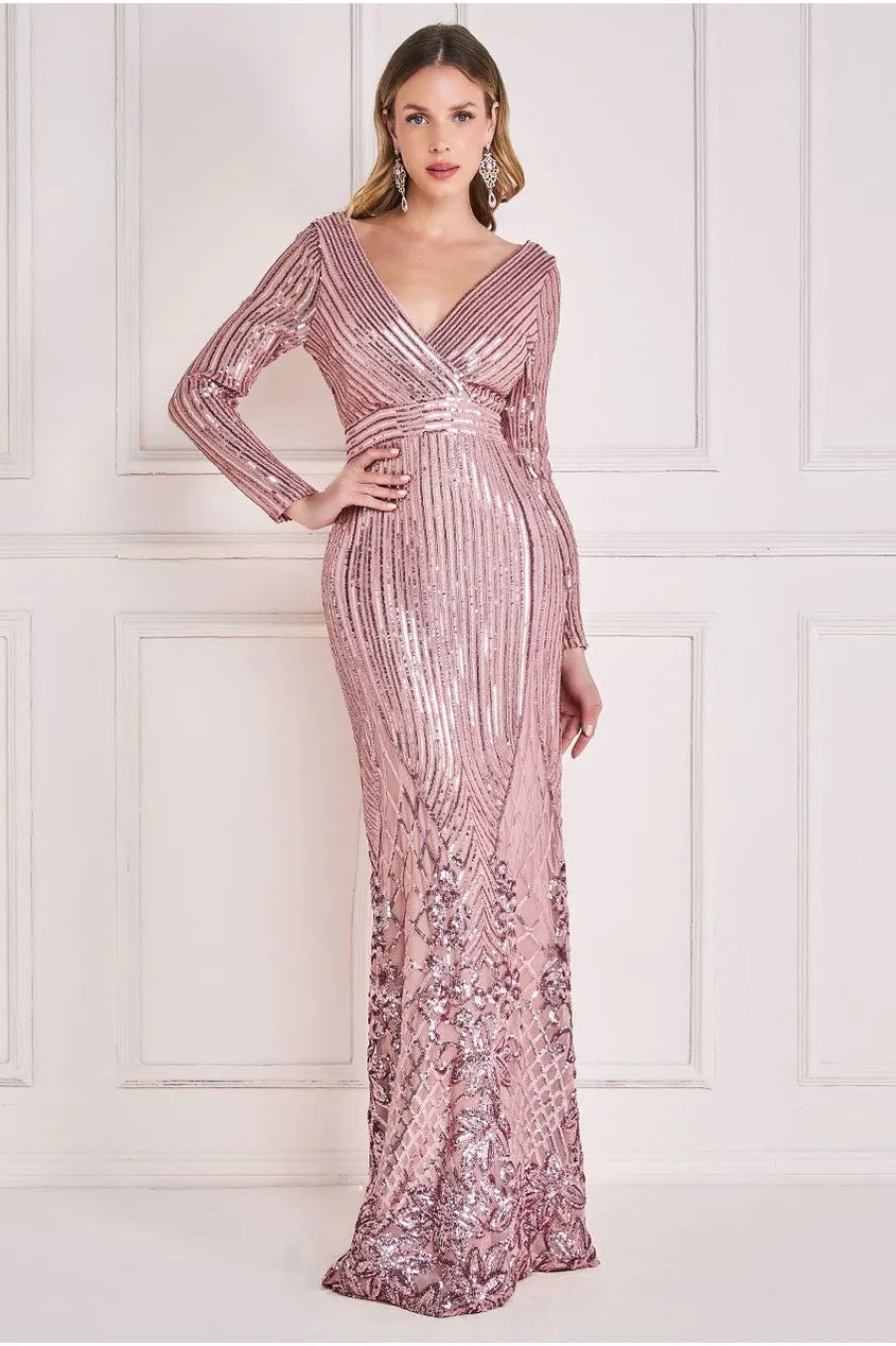Long Sleeve Sequin V Wrap Maxi Dress - Blush by Goddiva sold by Goddiva