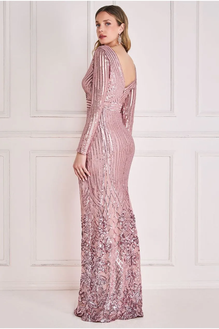 Long Sleeve Sequin V Wrap Maxi Dress - Blush by Goddiva sold by Goddiva product image thumbnail 2